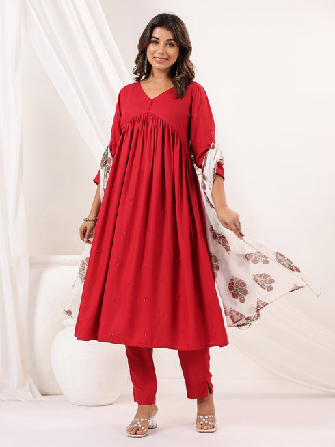 Janasya Women's Maroon Rayon Embellished Mirror Work A-line Kurta Set